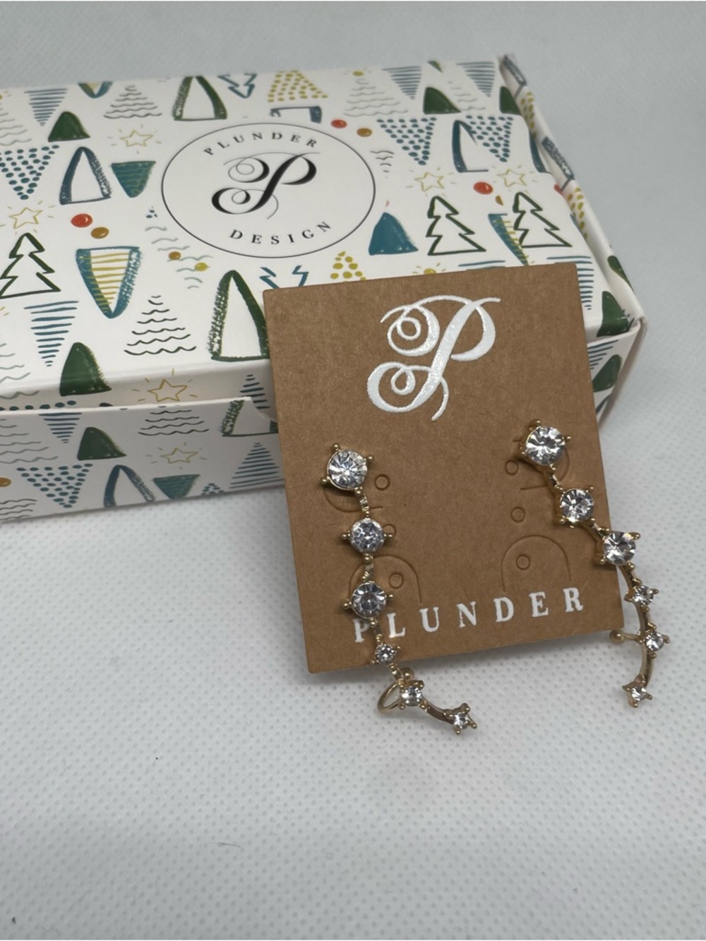 New in Box Plunder Beautiful Gold Crystal Ear Climbers - Clear Stone Earrings